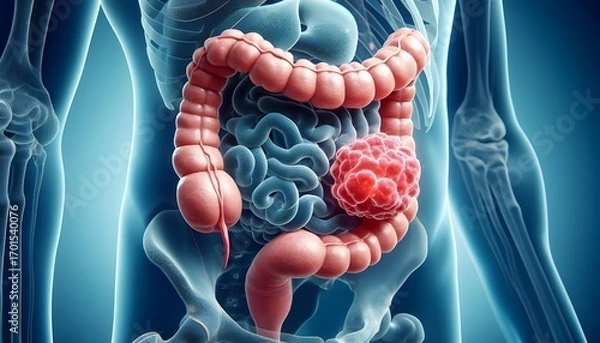 Fototapeta Colorectal cancer concept as a colon disease medical illustration of a large intestine with a malignant tumor growth disease of the digestive system.