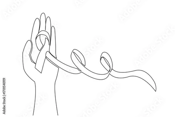 Fototapeta Single continuous line drawing the palm is open and above it is a ribbon. Asking for a helping hand for compassion. Inviting to help others. Sick. World Lupus Day. One line design vector illustration