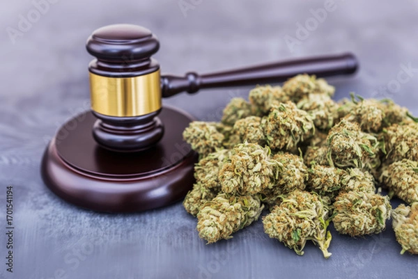 Fototapeta Judge gavel and cannabis buds are laying on a table, representing marijuana legal status