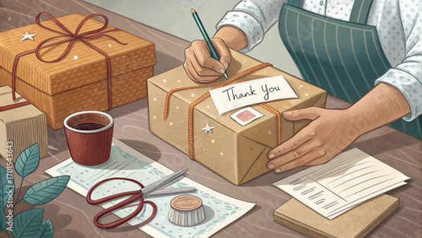 Fototapeta Person writing a label on a package for shipping