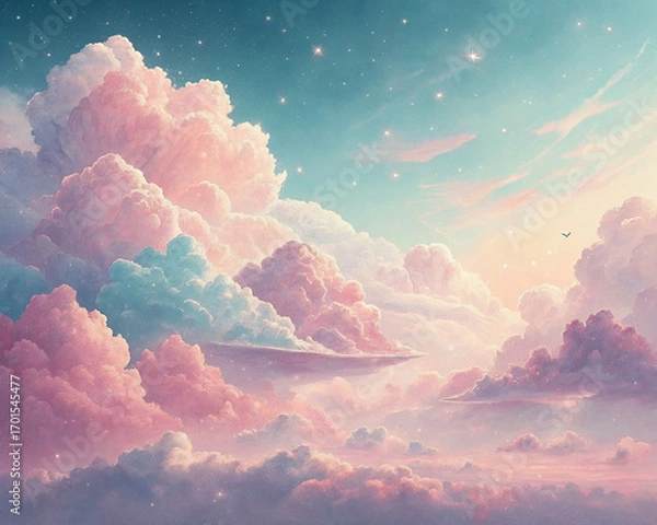 Fototapeta Dreamy pastel clouds in a fantasy sky with a subtle flying object