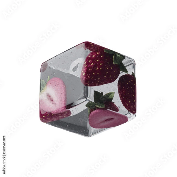 Fototapeta Frozen strawberry pieces and whole fruits encased within a clear ice cube with water droplets