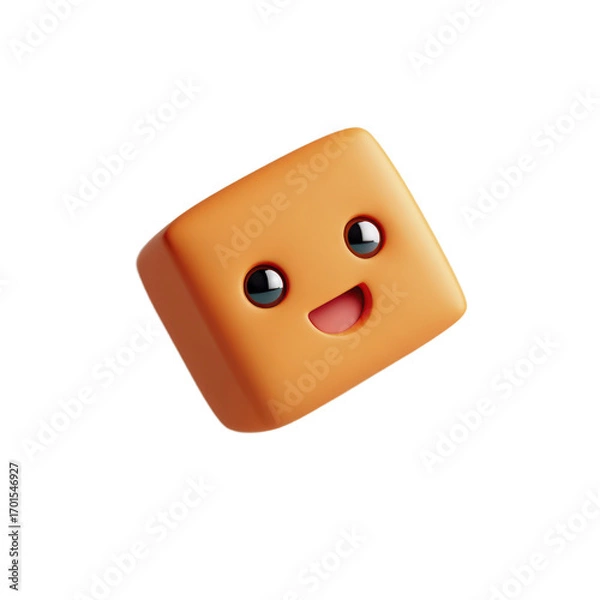 Fototapeta A smiling orange cube character with large expressive eyes and a wide mouth rendered in 3D