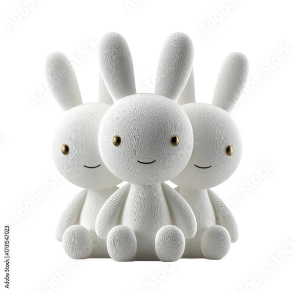 Fototapeta Three white textured bunny toys with golden eyes and subtle smiles arranged closely