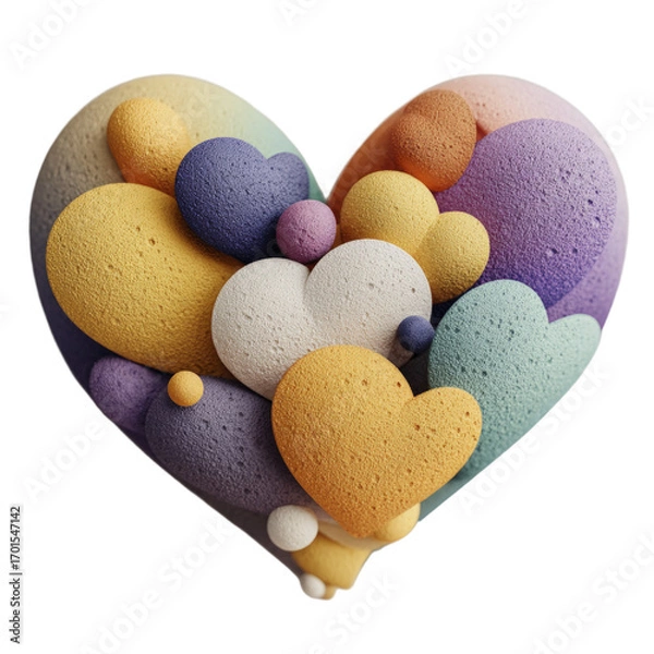 Fototapeta Textured heart shape composed of multiple colorful heart shaped elements and small spheres