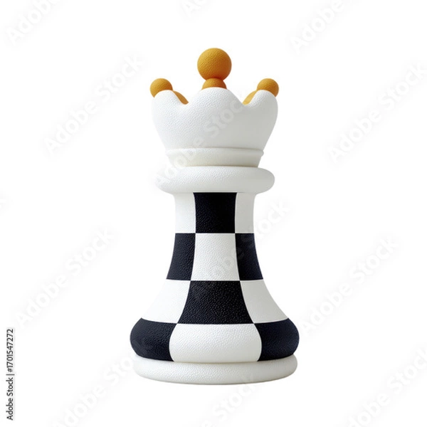 Fototapeta White And Black Checkered Queen Chess Piece With Golden Crown On A Transparent Background