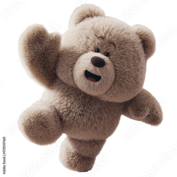 Fototapeta Fluffy brown teddy bear with open mouth and waving paw on transparent background
