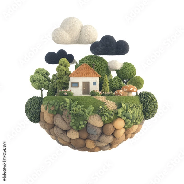 Fototapeta A charming miniature house sits on a grassy island surrounded by trees mushrooms and clouds