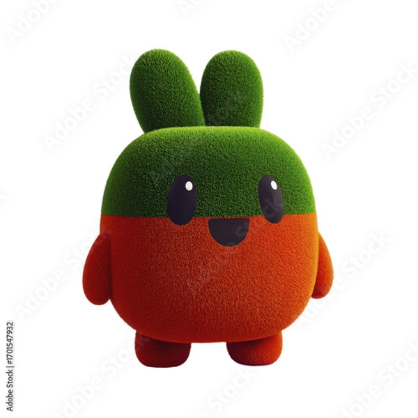 Fototapeta Fluffy Green And Orange Creature With Rabbit Ears And Big Eyes Happy Face Transparent Background