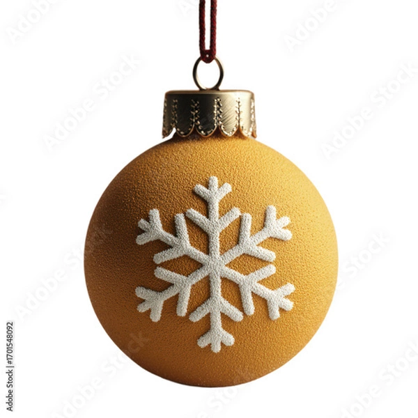 Fototapeta A golden Christmas ornament featuring a white snowflake design hangs on a red string