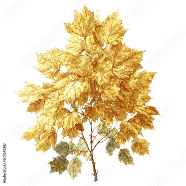 Fototapeta A single branch of a tree with a dense canopy of golden yellow autumn leaves