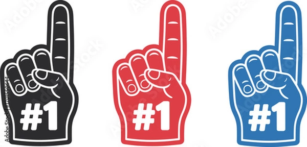 Fototapeta Colorful foam finger number one hand symbols in black, red, and blue design, sports fan cheering accessory illustration for celebration.