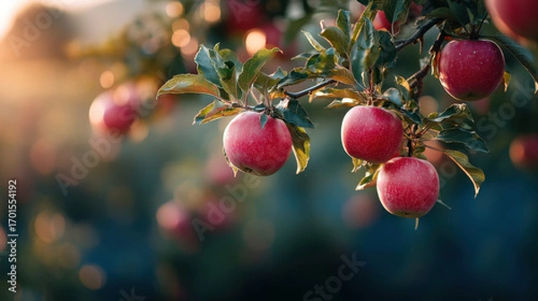 Fototapeta Ripening apples hanging on a tree branch with a soft, blurred background, capturing the essence of a serene orchard at sunset.