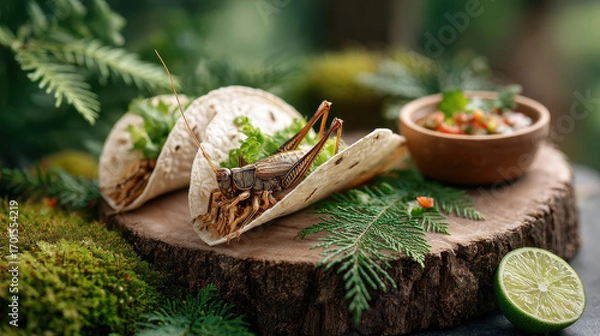 Fototapeta Delicious tacos garnished with fresh herbs, served on a wooden platter alongside a bowl of salsa and lime, set amidst greenery.