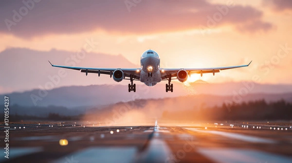 Fototapeta Airplane taking off against a vibrant sunset, with mountains in the background, creating a dynamic travel scene.