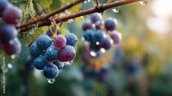 Fototapeta Fresh grapes glistening with dew on a vine, surrounded by lush greenery, capturing a serene and vibrant natural setting.