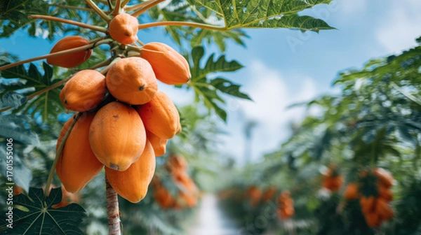 Fototapeta Papaya fruit hanging on a tree with a blurred background of more papayas in a sunny environment.
