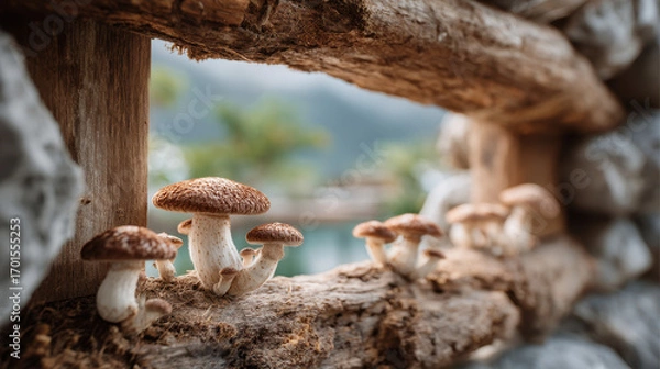 Fototapeta Mushrooms grow in a rustic setting, framed by a wooden structure, showcasing nature's beauty and the intricate details of fungi.