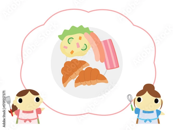 Obraz 朝食メニューを紹介するエプロン姿の女性　クロワッサン