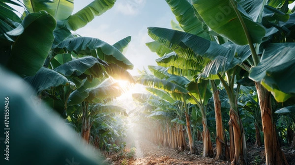 Fototapeta Lush banana plantation with tall trees and sunlight filtering through the leaves, creating a serene and vibrant atmosphere.