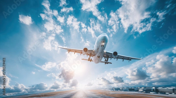 Fototapeta A commercial airplane ascends into a bright blue sky filled with clouds, capturing the essence of travel and adventure.