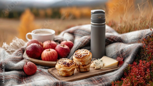 Fototapeta A cozy picnic set up featuring apples, pastries, cheese, a thermos, and a cup of coffee on a blanket against a picturesque autumn background.
