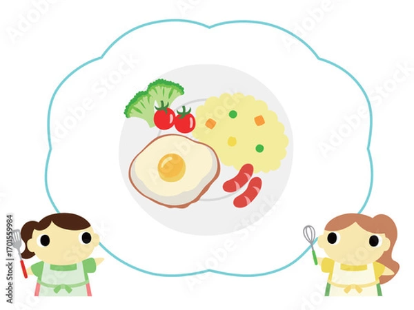 Obraz 朝食メニューを紹介するエプロン姿の女性　目玉焼き