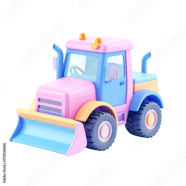Obraz cartoon illustration of a pink and blue tractor with a plow