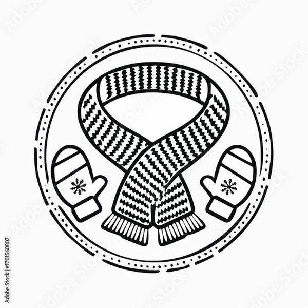 Fototapeta Monochrome vector icon of winter wear, showcasing a warm striped scarf and snowflake mittens within a decorative circular frame