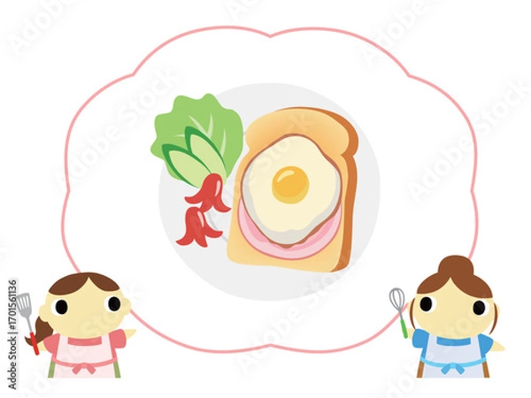 Obraz 朝食メニューを紹介するエプロン姿の女性　目玉焼きトースト