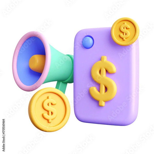 Obraz there is a purple phone with a dollar sign and a yellow horn