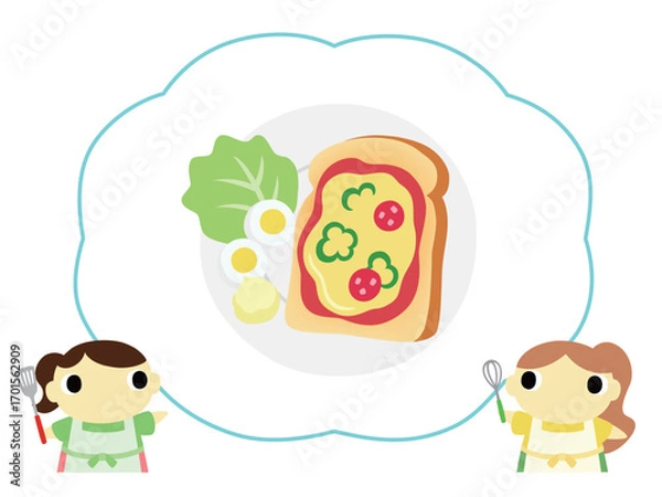 Obraz 朝食メニューを紹介するエプロン姿の女性　ピザトースト