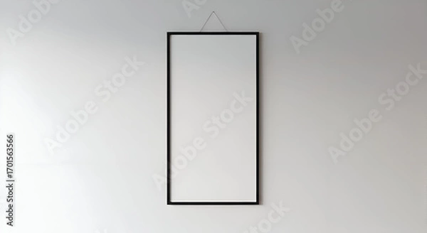 Fototapeta Empty black framed picture on a light gray wall. Empty picture frame hanging on a light gray wall in a modern interior setting.