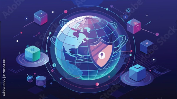Fototapeta Digital globe shielding cybersecurity protecting global data servers and network connections in an isometric illustration