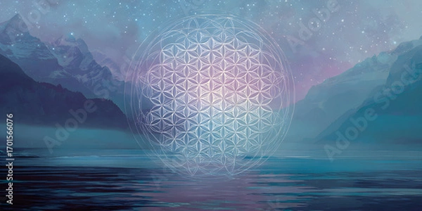 Fototapeta Geometric pattern overlays serene landscape with mountains and water, creating a mystical and spiritual atmosphere, perfect for meditation and mindfulness practices.