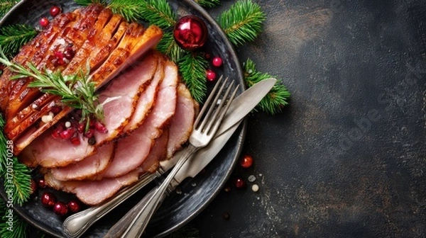 Fototapeta Roasted Sliced Christmas Ham on Plate with Fork and Knife