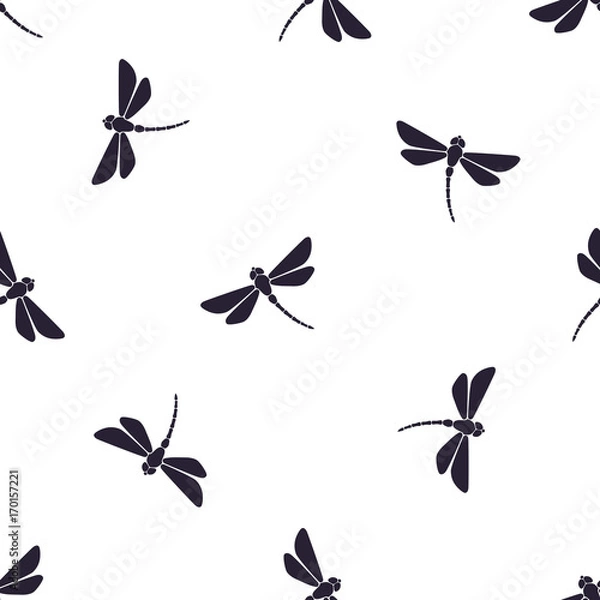 Fototapeta Seamless vector illustration. Pattern with silhouettes of flying dragonfly with curved body on white background