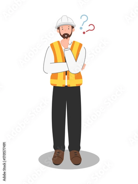 Obraz Industrial engineer in safety vest and helmet thinking, workplace decision making and problem solving illustration