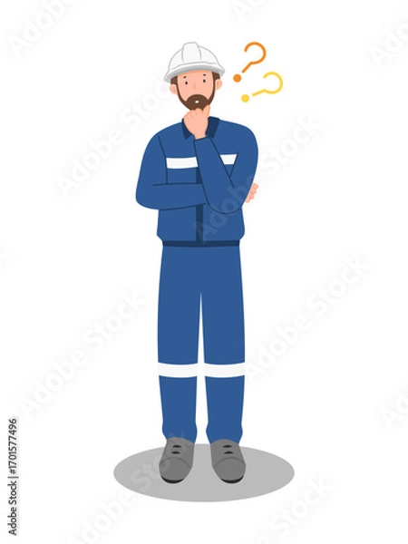 Obraz Industrial engineer in uniform and hard hat thinking, workplace decision making and problem solving illustration