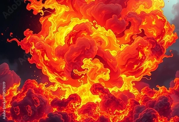 Fototapeta Fiery anime-style explosion with vibrant, swirling flames and glowing embers,  abstract,  inferno