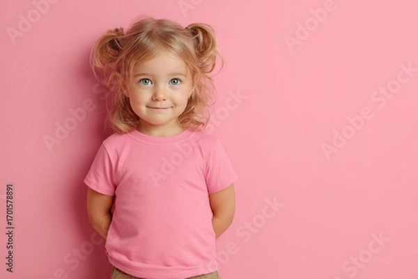 Obraz A charming little girl with blond pigtails smiles warmly, framed against a bright, vivid pink backdrop, exuding innocent cheerfulness.