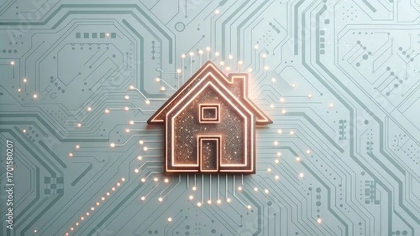 Fototapeta House icon integrated with a circuit board design, symbolizing smart home technology.