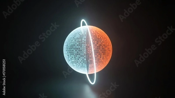 Fototapeta Sci-fi planet graphic with a ring. The planet is split in half, one side blue, the other orange.