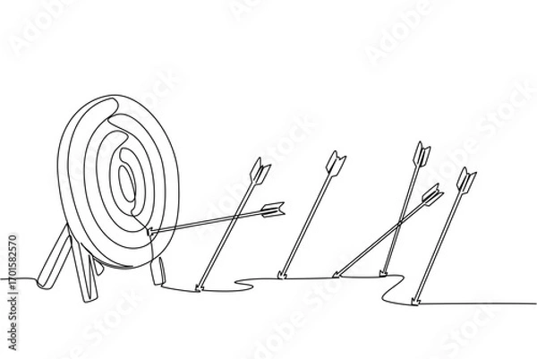 Fototapeta Continuous one line drawing more arrows stuck in the ground than the target pad. Lots of practice to perfect. Lack of accuracy. Not on target. Archery Day. Single line draw design vector illustration