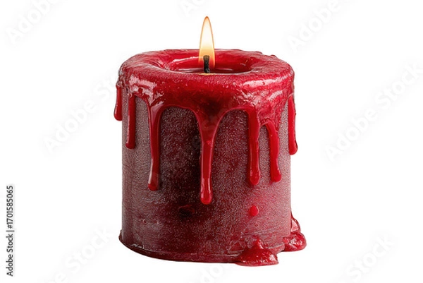 Fototapeta A red candle with melted wax dripping down its sides and a bright flame burning steadily at the top.