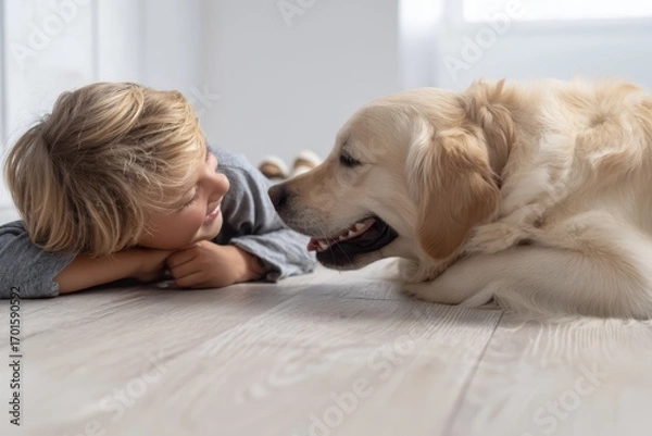 Fototapeta Child and Golden Retriever share warm gaze in cozy indoor setting with wooden floor and soft lighting. Capturing genuine moment of child-dog bond through peaceful interaction.
