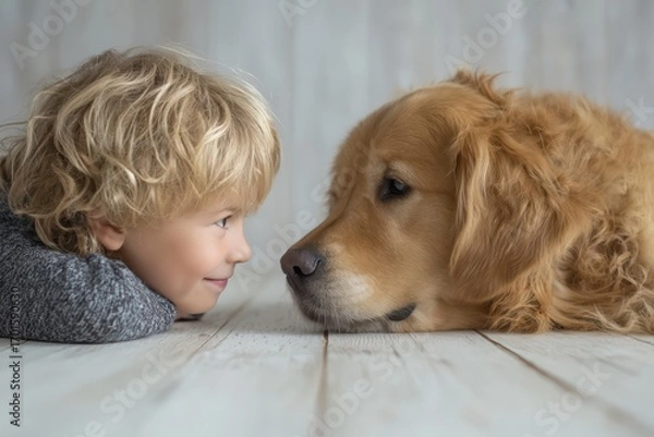 Fototapeta Child and Golden Retriever share warm gaze in cozy indoor setting with wooden floor and soft lighting. Capturing genuine moment of child-dog bond through peaceful interaction.
