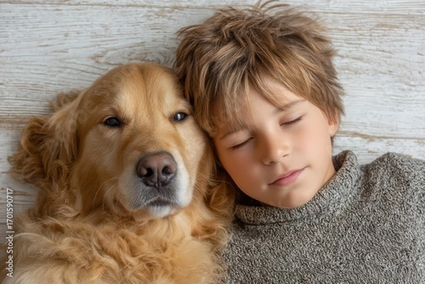 Fototapeta Boy and Golden Retriever share peaceful moment on wooden floor in cozy indoor setting. Capturing genuine bond through warm interaction and serene atmosphere.