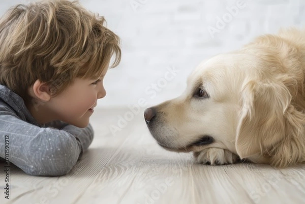Fototapeta Child and Golden Retriever share warm gaze in cozy indoor setting with wooden floor and soft lighting. Capturing genuine moment of child-dog bond through peaceful interaction.