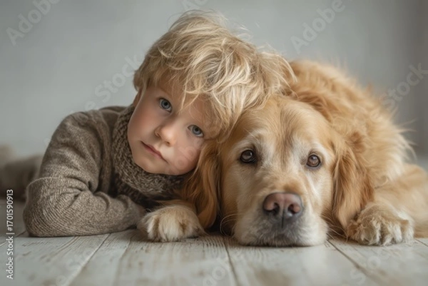 Fototapeta Child and golden retriever bond in cozy indoor setting on wooden floor, capturing gentle relaxed friendship moment